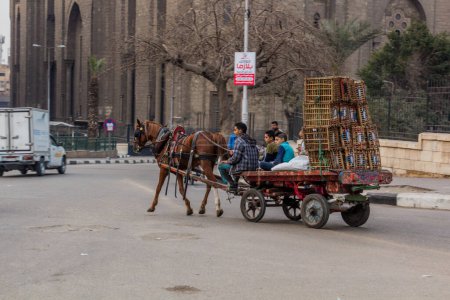 Téléchargez les photos : CAIRO, EGYPT - JANUARY 29, 2019: Horse cart on a street in Cairo, Egypt - en image libre de droit