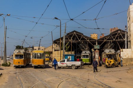 Photo for ALEXANDRIA, EGYPT - FEBRUARY 2, 2019: Crumbling tram depot in Alexandria, Egypt - Royalty Free Image