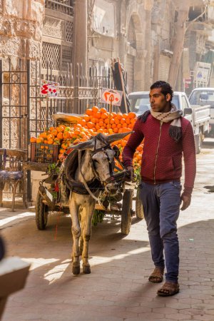 Foto de CAIRO, EGYPT - JANUARY 29, 2019: Donkey pulled orange cart at El-Khayamiya (Tentmakers) street in Cairo, Egypt - Imagen libre de derechos
