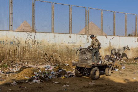 Photo for CAIRO, EGYPT - JANUARY 31, 2019: Donkey carriage collecting rubbish in Giza neighborhood of Cairo, Egypt - Royalty Free Image