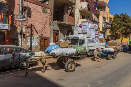 Foto de EDFU, EGYPT - FEB 17, 2019: Donkey carts in Edfu, Egypt - Imagen libre de derechos