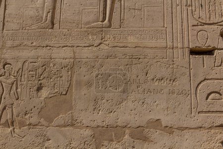 Téléchargez les photos : LUXOR, EGYPT - FEB 18, 2019: Wall detail of Ramesseum (Mortuary temple of Ramesses II) at the Theban Necropolis, Egypt. Inscription Carlo Italiano 1820. - en image libre de droit