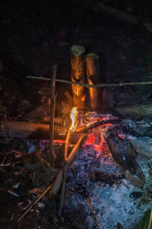 Téléchargez les photos : Des morceaux de bambou servant de pots pour une soupe dans la forêt près de Luang Namtha, Laos - en image libre de droit