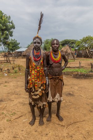 KORCHO, ETHIOPIA - FEBRUARY 4, 2020: Members of Karo tribe in Korcho village, Ethiopia