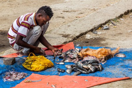 Foto de HAWASSA, ETIOPÍA - 28 DE ENERO DE 2020: Pescador con su captura en la lonja de Hawassa, Etiopía - Imagen libre de derechos