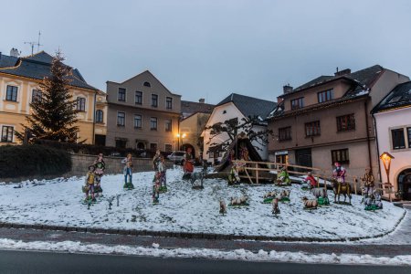 Photo for JABLONNE NAD ORLICI, CZECHIA - DECEMBER 28, 2021: Nativity scene on Namesti 5. kvetna square in Jablonne nad Orlici, Czech Republic - Royalty Free Image