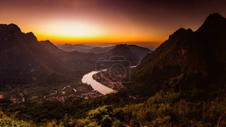 Photo for Sunset aerial view of Nong Khiaw, Laos - Royalty Free Image