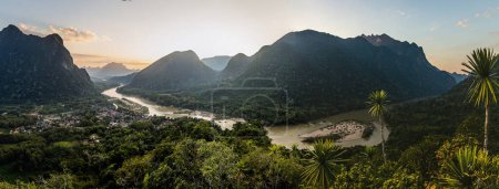 Photo for Sunset panoramic view of Muang Ngoi Neua village and Nam Ou river from Phanoi viewpoint, Laos - Royalty Free Image