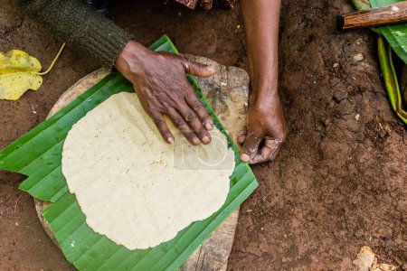 Dorze mujer está preparando pan kocho hecho de enset (plátano falso), importante fuente de alimentos, Etiopía
