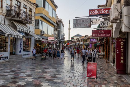 Photo for OHRID, NORTH MACEDONIA - AUGUST 7, 2019: Pedestrian street in the old town of Ohrid town, North Macedonia - Royalty Free Image