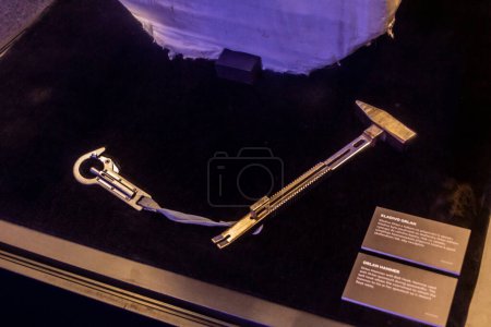 Photo for PRAGUE, CZECHIA - JULY 10, 2020: Hammer used with Russian Orlan space suit at Cosmos Discovery Space Exhibition in Prague, Czech Republic - Royalty Free Image