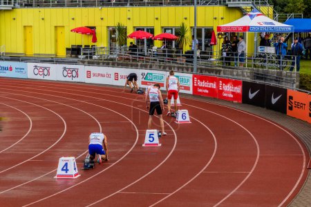 Photo for PLZEN, CZECHIA - AUGUST 28, 2021: Hurdles runners at the Czech Athletics Championships under 22 years at the Athletic stadium in Plzen (Pilsen), Czech Republic - Royalty Free Image