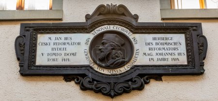Photo for KONSTANZ, GERMANY - SEPTMBER 3, 2019: Jan Hus house plaque in Konstanz (Constance), Germany - Royalty Free Image