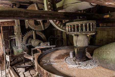 Foto de GUTACH, ALEMANIA - 2 DE SEPTIEMBRE DE 2019: Antiguo molino de aceite en el Museo al Aire Libre de la Selva Negra en la aldea de Gutach en Baden-Wuerttemberg, Alemania - Imagen libre de derechos