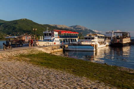 Photo for OHRID, NORTH MACEDONIA - AUGUST 7, 2019: Boats at Ohrid lake near Ohrid town, North Macedonia - Royalty Free Image