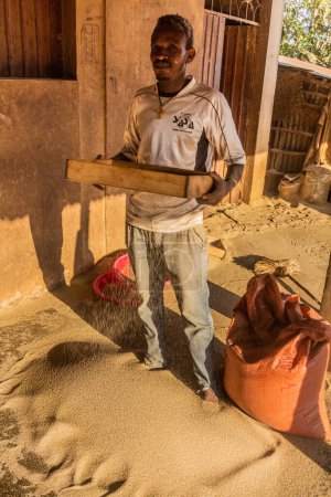 Foto de JINKA, ETIOPÍA - 5 DE FEBRERO DE 2020: Vendedor de granos de Teff en Jinka, Etiopía - Imagen libre de derechos