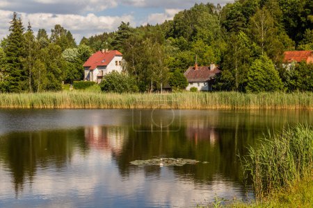 Foto de Karlinsky rybnik estanque en el pueblo de Horni Poustevna, República Checa - Imagen libre de derechos