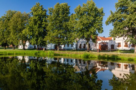 Foto de Estanque y casas tradicionales de estilo barroco rural en Holasovice pueblo, República Checa - Imagen libre de derechos