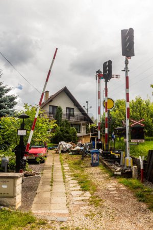 Photo for DOLNI DOBROUC, CZECHIA - JULY 12, 2020: House with various types of old railway equipment in Dolni Dobrouc, Czech Republic - Royalty Free Image