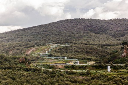Pipelines of Olkaria Geothermal Power Station in the Hell 's Gate National Park, Kenia