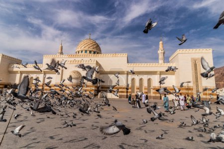 Téléchargez les photos : MEDINA, ARABIE SAOUDITE - 12 NOVEMBRE 2021 : Pigeons devant la mosquée Masjid al-Shuhada sous la montagne Uhud à Médine, Arabie Saoudite - en image libre de droit