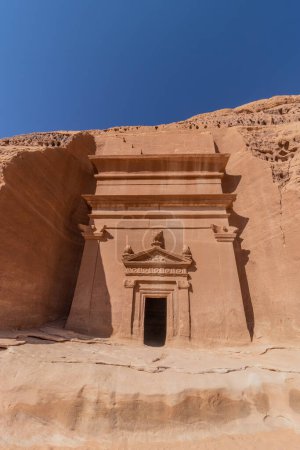 Photo for Rock cut tomb 44 (Doctor's tomb) in Jabal Al Banat hill at Hegra (Mada'in Salih) site near Al Ula, Saudi Arabia - Royalty Free Image