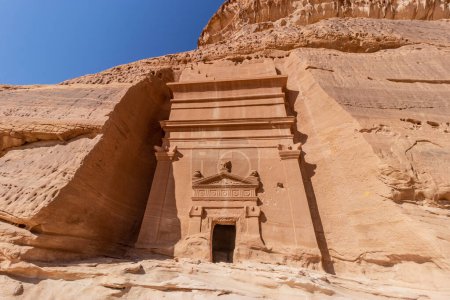 Photo for Rock cut tomb 45 in Jabal Al Banat hill at Hegra (Mada'in Salih) site near Al Ula, Saudi Arabia - Royalty Free Image