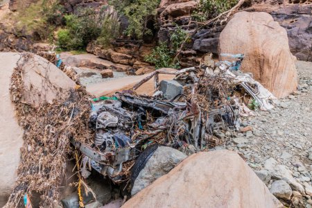Car wreck in Wadi Lajab gorge, Saudi Arabia