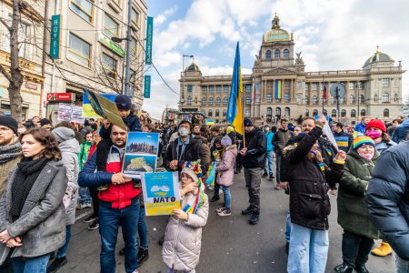 Photo for PRAGUE, CZECH REPUBLIC - FEBRUARY 27, 2022: Protest against Russian invasion of Ukraine on the Wenceslas Square in Prague, Czech Republic. - Royalty Free Image