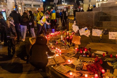 Photo for PRAGUE, CZECH REPUBLIC - FEBRUARY 27, 2022: Candles lit on the Wenceslas Square in Prague as a protest against Russian invasion of Ukraine , Czech Republic. - Royalty Free Image