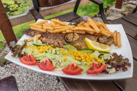 Téléchargez les photos : Assiette de truites grillées avec frites et salade dans un restaurant du village de Kamienczyk, Pologne - en image libre de droit