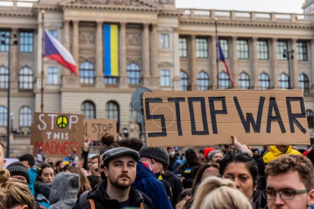 PRAGUE, CZECH REPUBLIC - FEBRUARY 27, 2022: Protest against Russian invasion of Ukraine on the Wenceslas Square in Prague, Czech Republic.