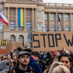 PRAGUE, CZECH REPUBLIC - FEBRUARY 27, 2022: Protest against Russian invasion of Ukraine on the Wenceslas Square in Prague, Czech Republic.