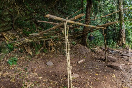 Simple shelter made of bamboo in the forest of Nam Ha National Protected Area, Laos