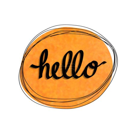 Téléchargez les photos : Bonjour mot, une salutation anglaise par calligraphie manuscrite sur un cercle avec un fond peint en orange - en image libre de droit
