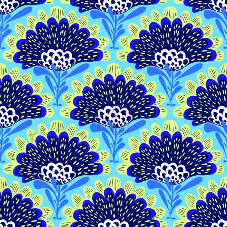 Vector pattern with big blue flowers in damask and turkish style in bright colors