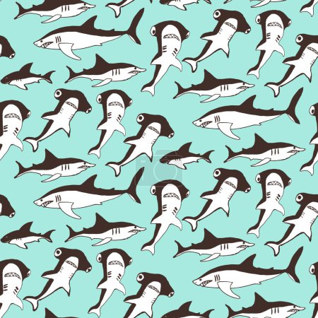 Hammer head sharks and other hand drawn sharks. Seamless vector pattern, nautical print design for swimwear