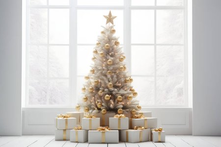 Intérieur de maison blanche de Noël avec arbre de Noël, concept d'IA générative