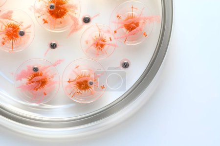 Photo for Test-tubes and petri dishes with specimens on desk in modern laboratory, high angle close up shot, generative AI concept - Royalty Free Image