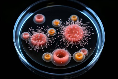 Bacteria and fungi growing in a petri dishes on black background. Generative AI concept
