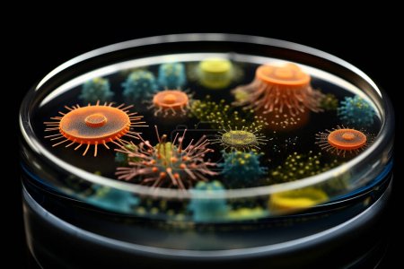 Bacteria and fungi growing in a petri dishes on black background. Generative AI concept