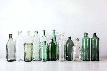 Assorted series collection of empty transparent glass bottle container in white, green and brown color, container reuse concept, eco friendly concept generated AI