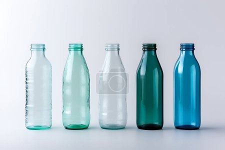 Verschiedene Serien Sammlung von leeren transparenten Glasflaschen Behälter in weißer, grüner und brauner Farbe, Behälter Wiederverwendungskonzept, umweltfreundliches Konzept generierte KI
