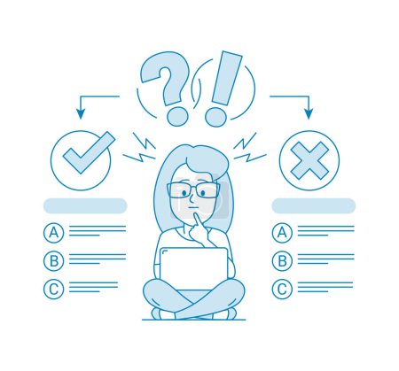 The concept of choosing the right answer. Character - a woman with a glasses using a computer passes the test. Exam. Evaluation Testing. Illustration in line art style. Vector