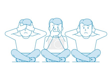 Ilustración de Tres monos sabios. Un hombre cubre su boca con sus manos, el otro cubre sus oídos, los terceros ojos. Carácter - un hombre joven. Ilustración en colores azules. Vector en línea estilo de arte - Imagen libre de derechos