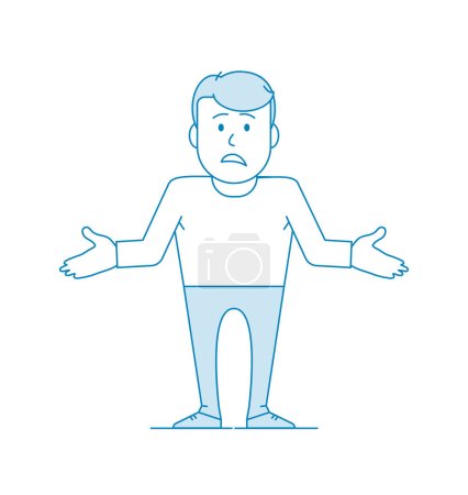 Illustration for Character is a disgruntled man shrugs and spreads his hands in confusion. I can t help, or I can t do anything. Illustration in line art style. Vector illustration in blue colors. - Royalty Free Image