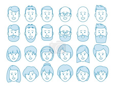 Ilustración de Línea Conjunto de iconos de personas. Personajes masculino y femenino. Rostros de hombres y mujeres. Avatar para redes sociales, aplicaciones, diseño web. Ilustración vectorial - Imagen libre de derechos