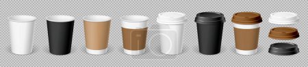 Téléchargez les photos : Ensemble de tasses à café en papier réalistes. Lunettes avec et sans couvercles. Modèle 3D pour modèle de marque. illustration vectorielle. - en image libre de droit