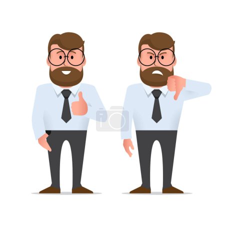 Character - a man with glasses and a beard. Like and dislike. For better or worse, approval and condemnation. Manager or office worker in a shirt with a tie. Illustration in flat style. Vector