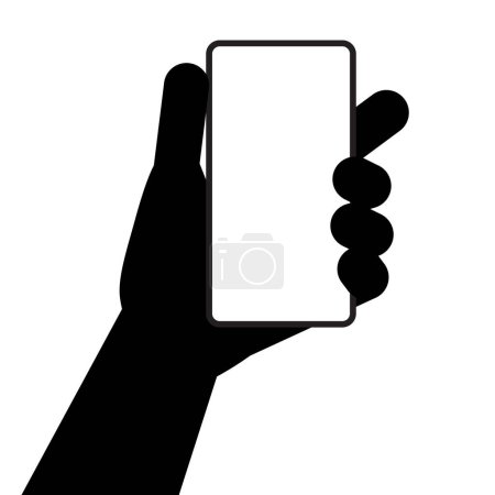 Téléchargez les photos : La main droite tient un téléphone intelligent en position verticale. Modèle d'application illustration d'un smartphone. Icônes vectorielles, emblème. Style plat - en image libre de droit